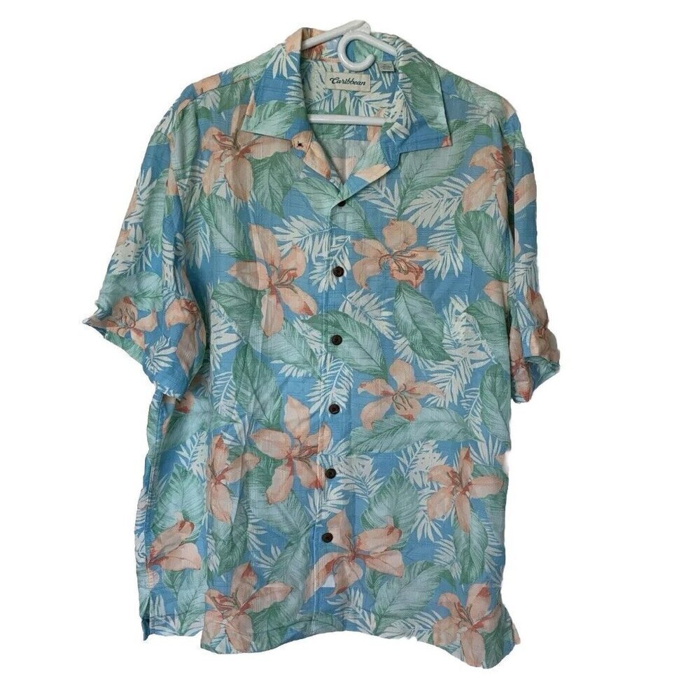 Caribbean Mens XL Button Front Hawaiian Tropical Shirt Summer Beach Blue Green